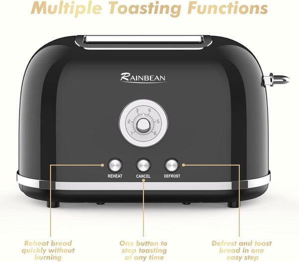 Toaster für 2 Scheiben, Retro-Toaster aus Edelstahl mit 6 Bräunungsstufen für Brot und Bagel-Abbruch-Auftau-Aufwärmfunktion, hübscher Brottoaster mit extra breitem Schlitz und herausnehmbarer Krümelschublade