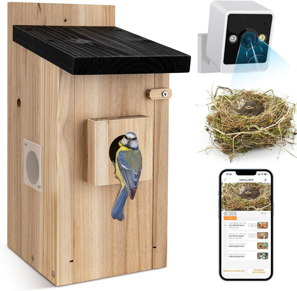 Nichoir intelligent avec caméra, caméra 3 MP pour l'extérieur, capture automatique de vidéos d'oiseaux et détection de mouvement, observation de la nidification et de l'éclosion des oiseaux en temps réel, cadeau idéal à faire soi-même.