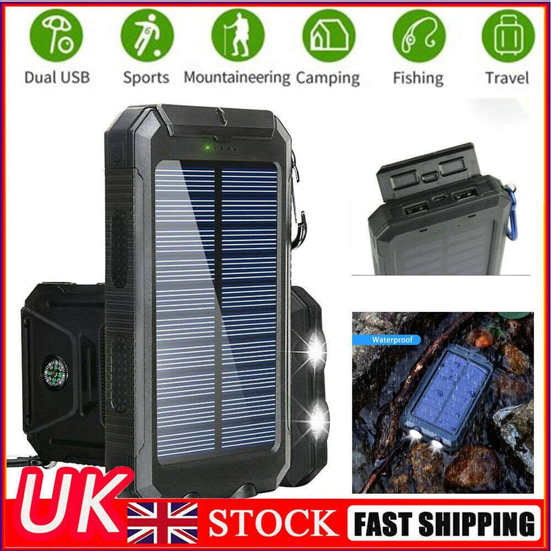 20000mAh Solar Power Bank Waterproof 2USB LED Battery Charger For Mobile Phone