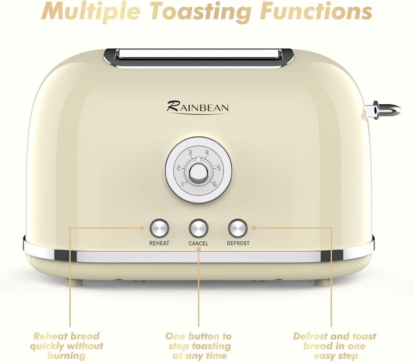 Grille-pain rétro à 2 tranches en acier inoxydable avec 6 réglages de teinte de pain et fonction de réchauffage d'annulation de dégivrage de bagel, joli grille-pain avec fente extra large et bac à miettes amovible