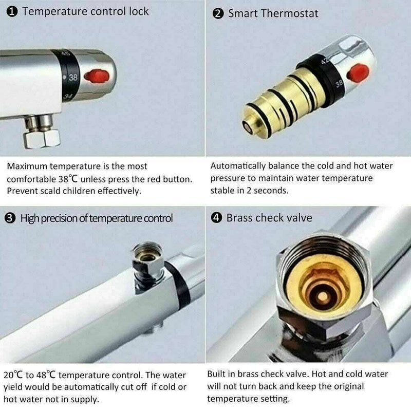 Thermostatic Exposed Bar Shower Mixer Valve Tap Chrome Bottom 1-2 Outlet New