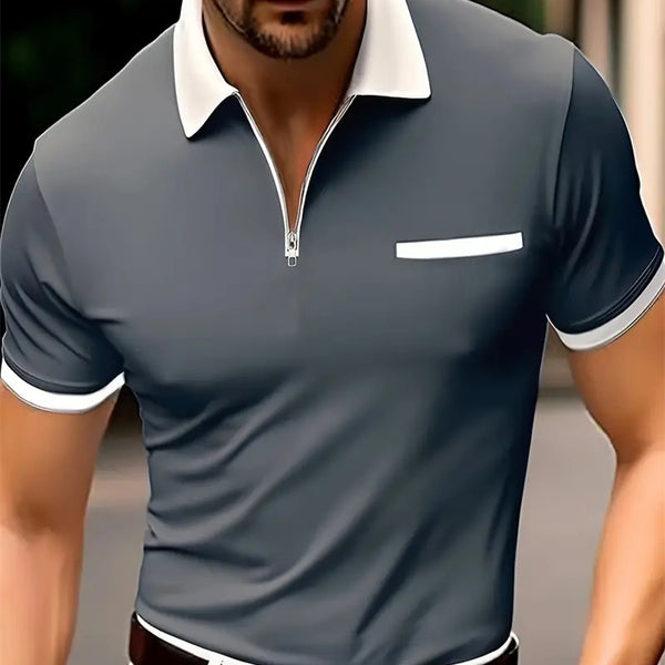 European And American Men's 3D Printed Zipper Short Sleeve Solid Color POLO Top T-shirt