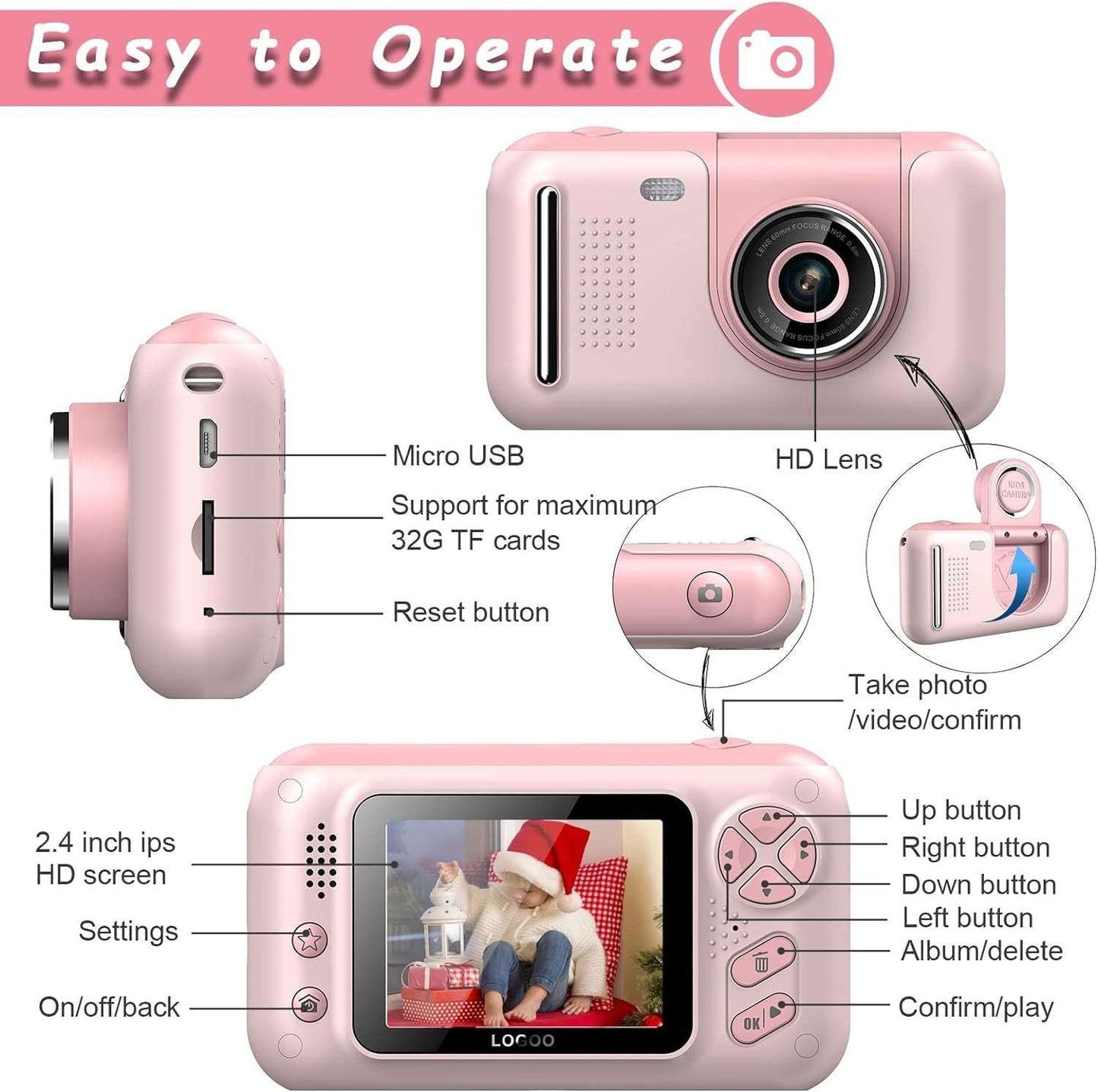 Kids Camera, Children Digital Selfie Camera For 3-12 Year Old Girls Boys With 20MP Photo Resolution, 1080P HD Video Camera With 32GB SD Card And Selfie Stick