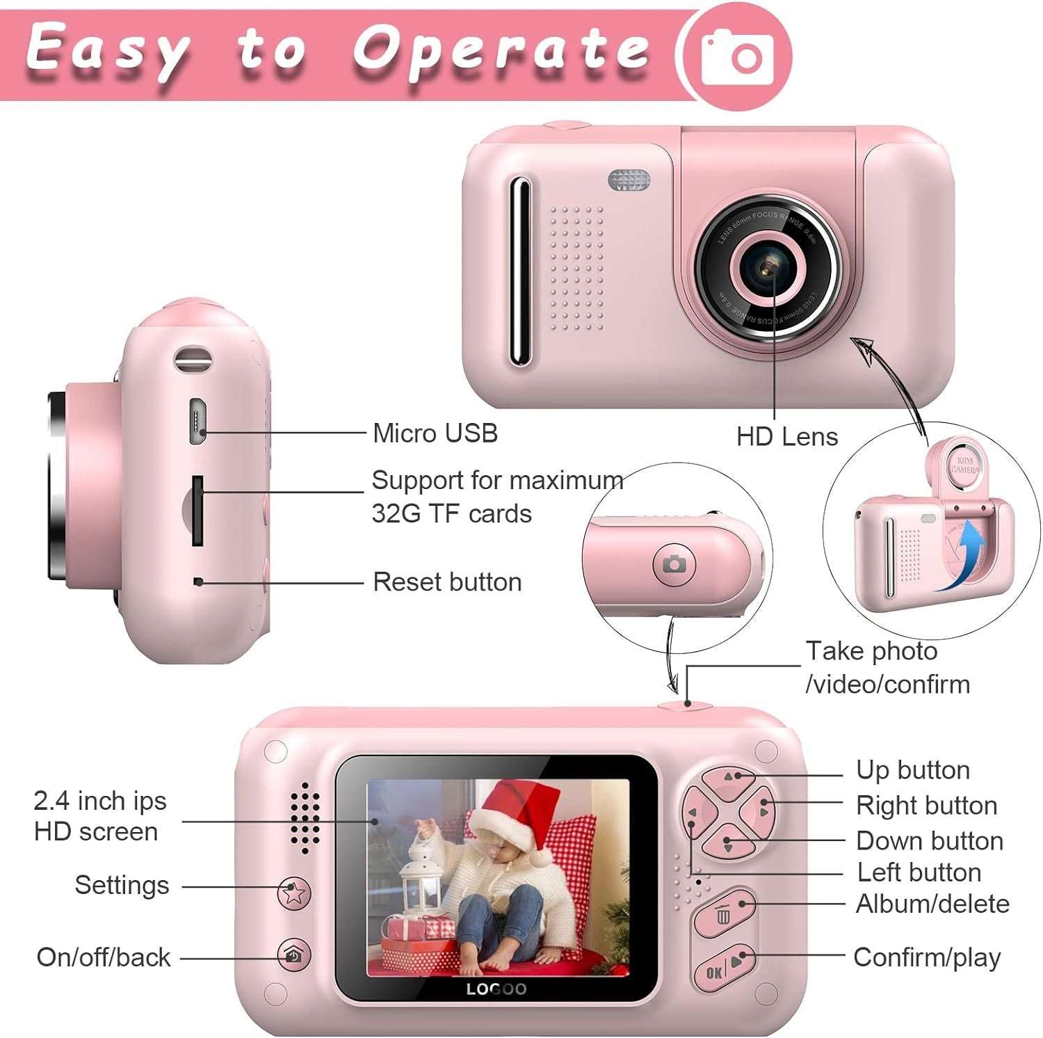 Kids Camera, Children Digital Selfie Camera For 3-12 Year Old Girls Boys With 20MP Photo Resolution, 1080P HD Video Camera With 32GB SD Card And Selfie Stick