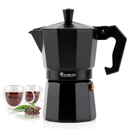 Espressokocher für den Herd Espressotasse Mokkakanne Klassischer Café Maker Perkolator-Kaffeemaschine Italienischer Espresso für Gas oder Elektro Aluminium Schwarz Geschenkpaket mit 2 Tassen