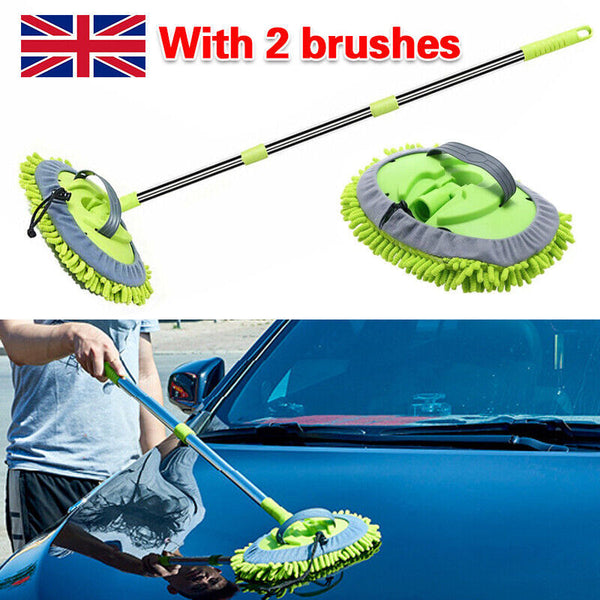 TELESCOPIC CAR CLEANING BRUSH MICROFIBER MOP WASH KIT SCRATCH FREE 2 X BRUSHES