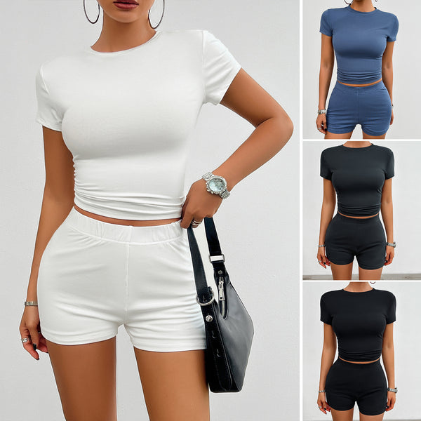 Solid Color Slim Sports Suit Summer 2Pcs Short-sleeved Round Neck T-shirt And Elastic Shorts