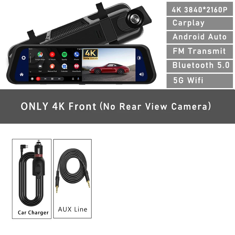 10 Inch 4K 2160P Car DVR Carplay Android Auto 5G WIFI GPS Dash Cam BT FM Dashcam Camera Stream RearView Mirror Drive Recorder