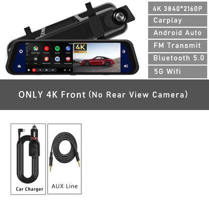 10 Inch 4K 2160P Car DVR Carplay Android Auto 5G WIFI GPS Dash Cam BT FM Dashcam Camera Stream RearView Mirror Drive Recorder