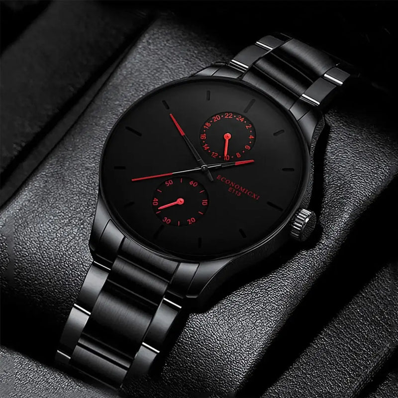 3Pcs Men's Casual Simple Business Three-eye Digital Pointer Steel Band Quartz Watch Fashion Cross Necklace Bracelet Set