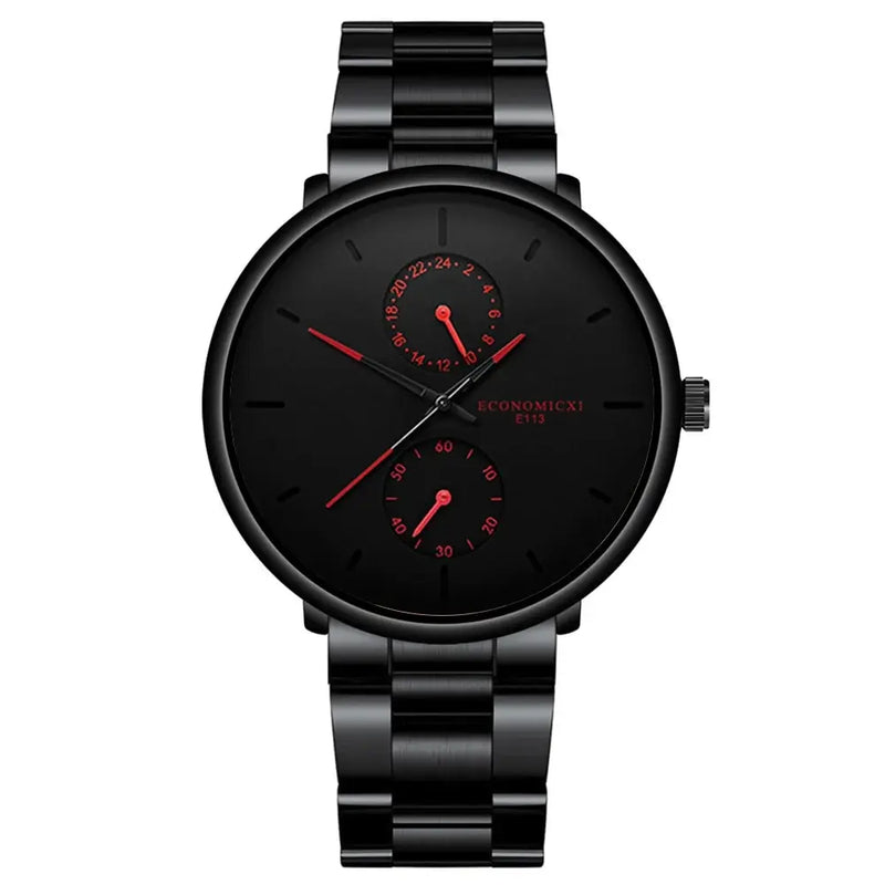 3Pcs Men's Casual Simple Business Three-eye Digital Pointer Steel Band Quartz Watch Fashion Cross Necklace Bracelet Set