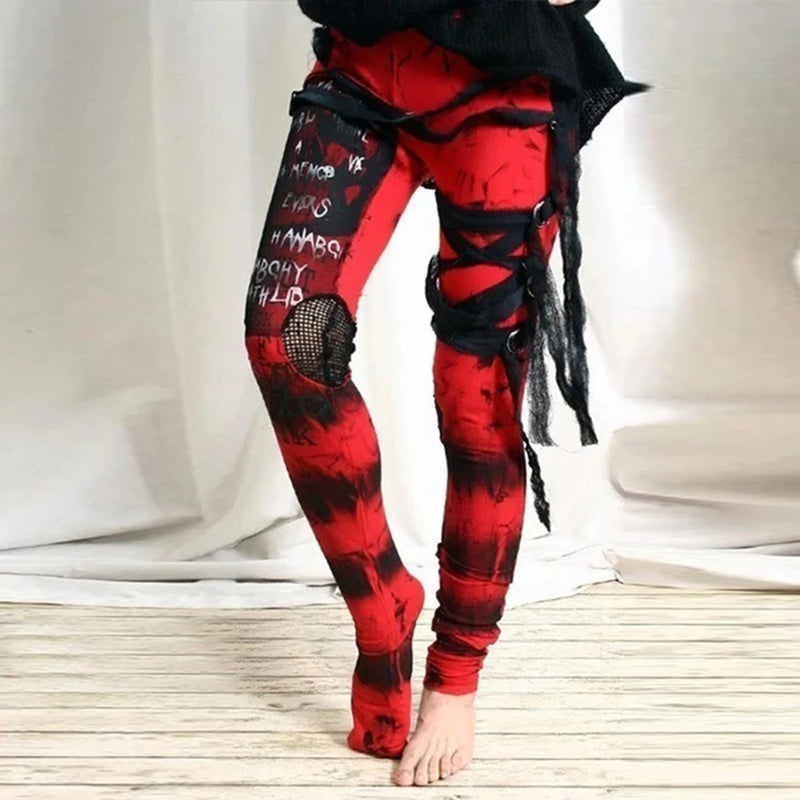 Gothic Mesh Tie Leggings For Woman Clothing 2023 Autumn Streetwear Girls Black Long Pants for Female Bodycon Trousers