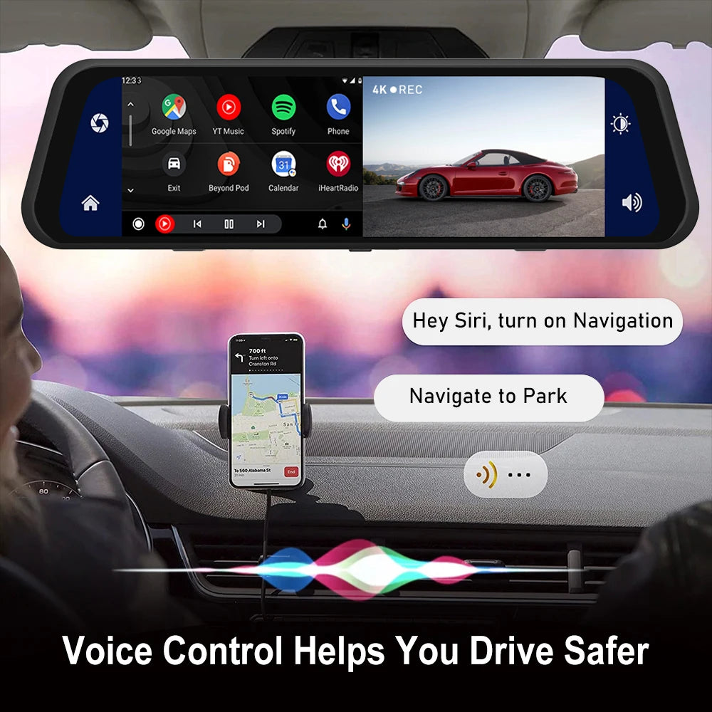 10 Inch 4K 2160P Car DVR Carplay Android Auto 5G WIFI GPS Dash Cam BT FM Dashcam Camera Stream RearView Mirror Drive Recorder