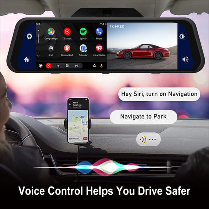 10 Inch 4K 2160P Car DVR Carplay Android Auto 5G WIFI GPS Dash Cam BT FM Dashcam Camera Stream RearView Mirror Drive Recorder