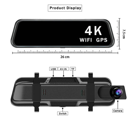 10 Inch 4K 2160P Car DVR Carplay Android Auto 5G WIFI GPS Dash Cam BT FM Dashcam Camera Stream RearView Mirror Drive Recorder