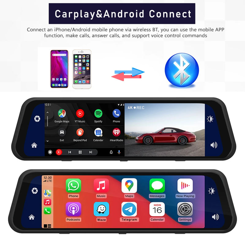 10 Inch 4K 2160P Car DVR Carplay Android Auto 5G WIFI GPS Dash Cam BT FM Dashcam Camera Stream RearView Mirror Drive Recorder