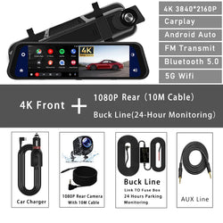 10 Inch 4K 2160P Car DVR Carplay Android Auto 5G WIFI GPS Dash Cam BT FM Dashcam Camera Stream RearView Mirror Drive Recorder