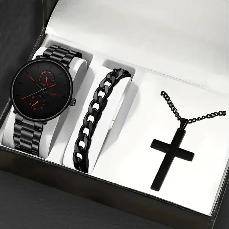 3Pcs Men's Casual Simple Business Three-eye Digital Pointer Steel Band Quartz Watch Fashion Cross Necklace Bracelet Set