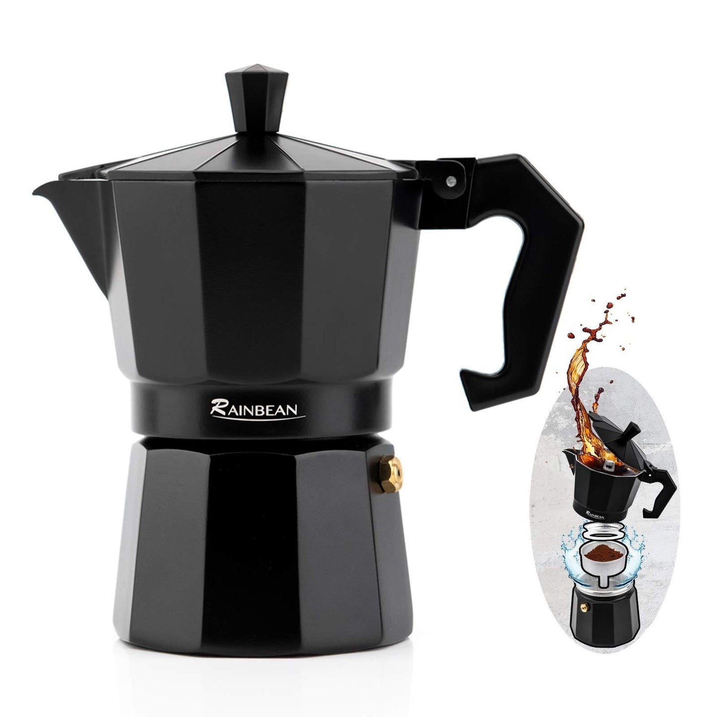 Espressokocher für den Herd Espressotasse Mokkakanne Klassischer Café Maker Perkolator-Kaffeemaschine Italienischer Espresso für Gas oder Elektro Aluminium Schwarz Geschenkpaket mit 2 Tassen