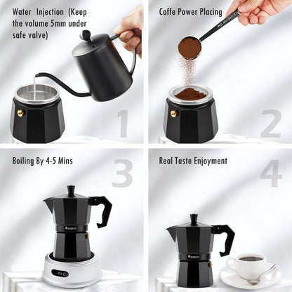 Espressokocher für den Herd Espressotasse Mokkakanne Klassischer Café Maker Perkolator-Kaffeemaschine Italienischer Espresso für Gas oder Elektro Aluminium Schwarz Geschenkpaket mit 2 Tassen