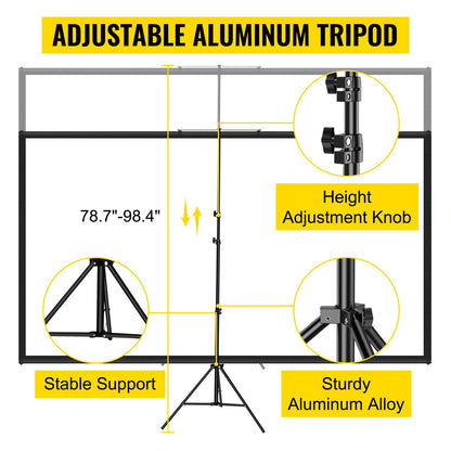 Tripod Projector Screen With Stand 70 Inch 16:9 4K HD Projection Screen Stand Wrinkle-Free Height Adjustable Portable Screen For Projector Indoor & Outdoor For Movie, Home Cinema, Gaming, Office