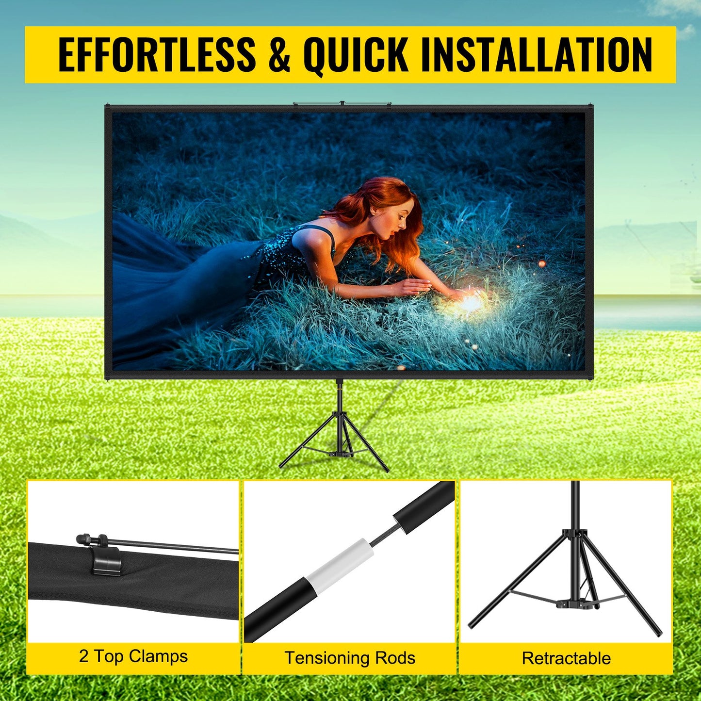 Tripod Projector Screen With Stand 70 Inch 16:9 4K HD Projection Screen Stand Wrinkle-Free Height Adjustable Portable Screen For Projector Indoor & Outdoor For Movie, Home Cinema, Gaming, Office