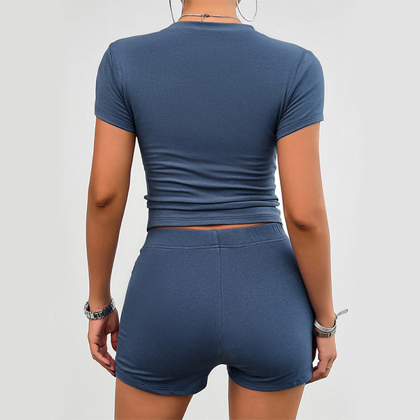 Costume de sport Slim de couleur unie, T-shirt à manches courtes et col rond, Short élastique, été, 2 pièces