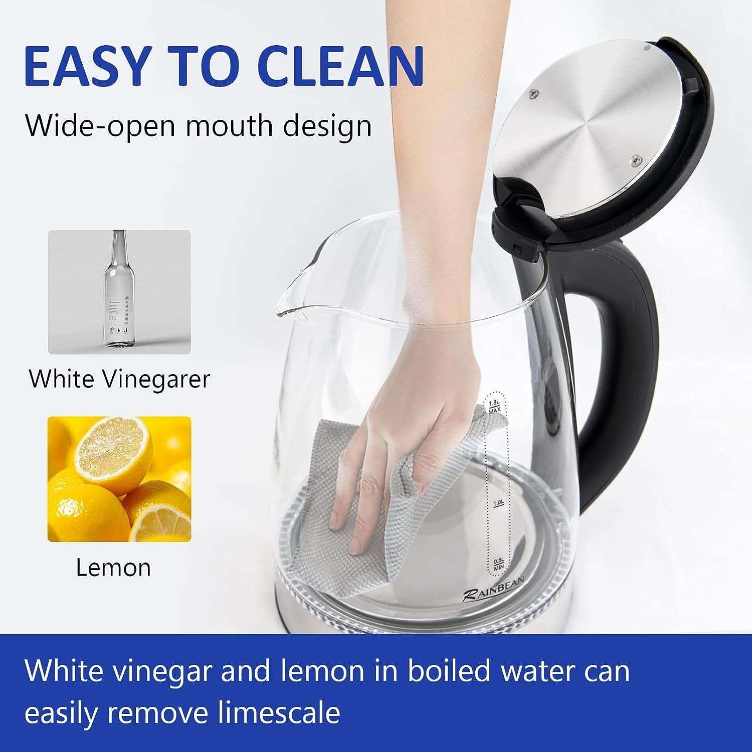 Electric Kettle Water Boiler, 1.8L Electric Tea Kettle, Wide Opening Hot Water Boiler With LED Light, Auto Shut-Off & Boil Dry Protection, Glass Black