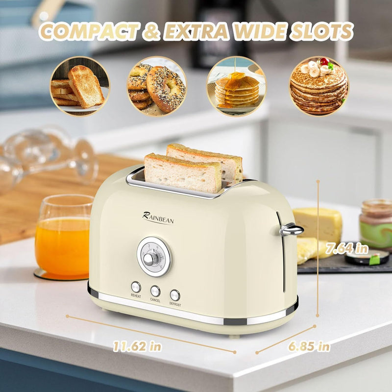 Toaster für 2 Scheiben, Retro-Toaster aus Edelstahl mit 6 Bräunungsstufen für Brot und Bagel-Abbruch-Auftau-Aufwärmfunktion, hübscher Brottoaster mit extra breitem Schlitz und herausnehmbarer Krümelschublade