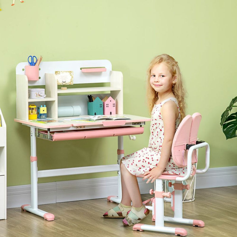 HOMCOM Ensemble bureau et chaise pour enfants avec étagères de rangement, housse lavable - Rose