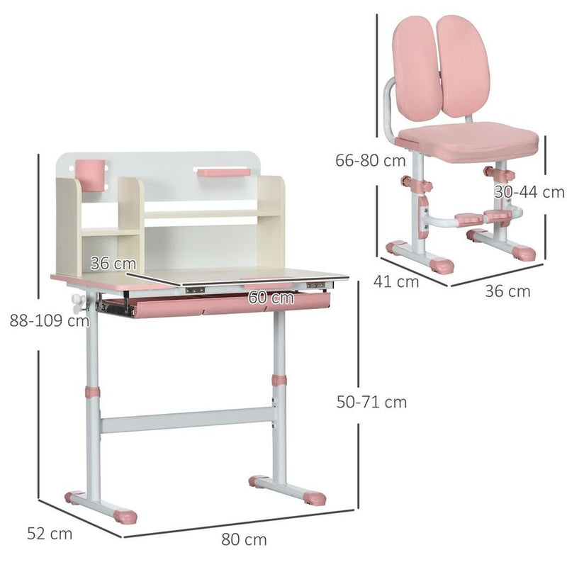 HOMCOM Ensemble bureau et chaise pour enfants avec étagères de rangement, housse lavable - Rose