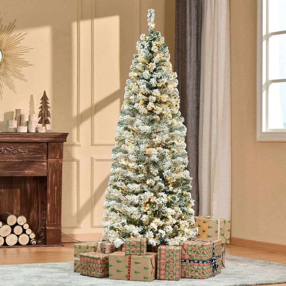 6 Feet Prelit Artificial Snow Flocked Christmas Tree Warm LED Light Green White